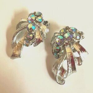 Unsigned Silver Tone Clip-Ons with AB Rhinestones